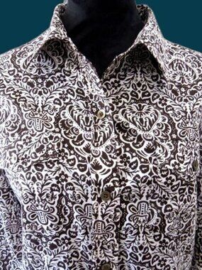 NWT LIZ CLAYBORNE Womans y2k paisley 100% cotton button down brown/white blouse
